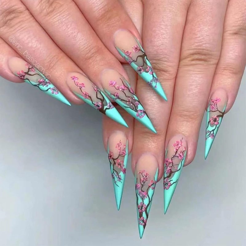 SINHOT Long Press On Nails Stiletto False Nails French Tip Fake Nails Ombre Glue on Nail Plum Blossom Acrylic Nail with Designs for Women and Girls - Image 1